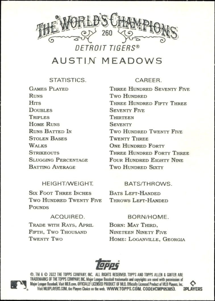 2022 Topps Allen & Ginter Austin Meadows #260 baseball trading card back