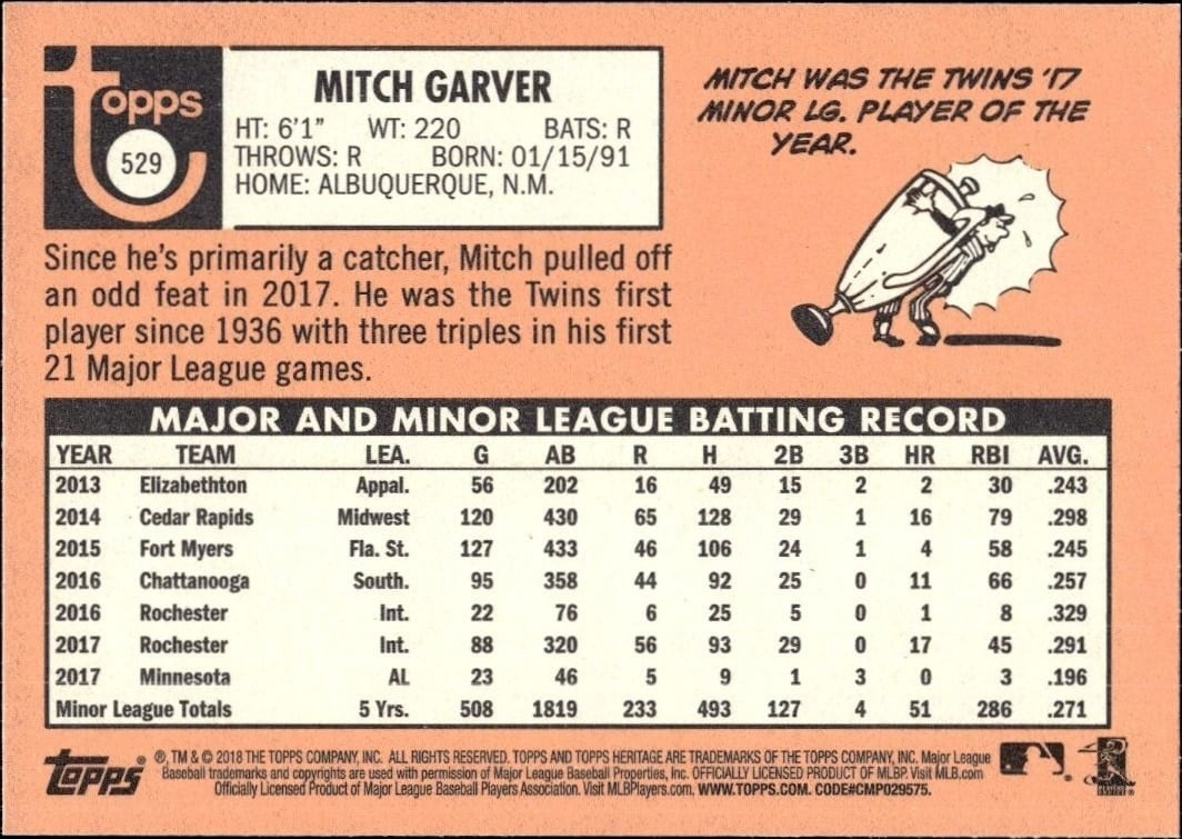 2018 Topps Heritage High Number Mitch Garver #529 baseball trading card back