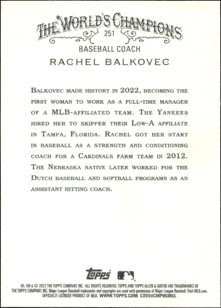 2022 Topps Allen & Ginter Rachel Balkovec #251 baseball trading card back