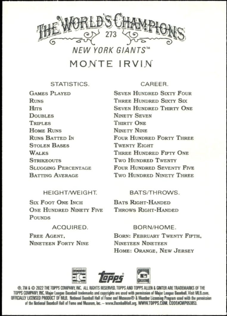 2022 Topps Allen & Ginter Monte Irvin #273 baseball trading card back