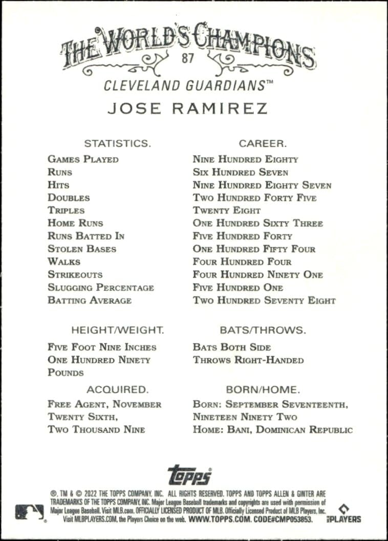 2022 Topps Allen & Ginter Jose Ramirez #87 baseball trading card back