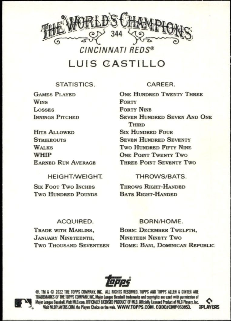 2022 Topps Allen & Ginter Luis Castillo #344 baseball trading card back