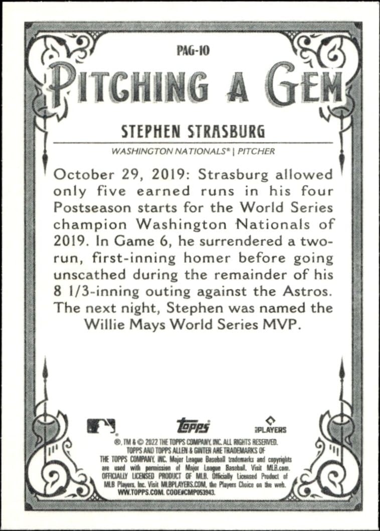 2022 Topps Allen & Ginter Stephen Strasburg #PAG-10 baseball trading card back