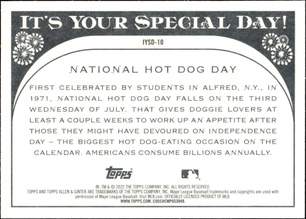 2022 Topps Allen & Ginter National Hot Dog Day #IYSD-10 baseball trading card back