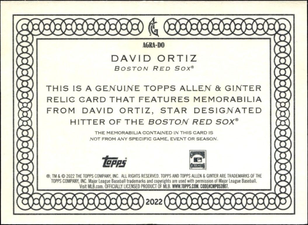 2022 Topps Allen & Ginter David Ortiz #AGRA-DO baseball trading card back