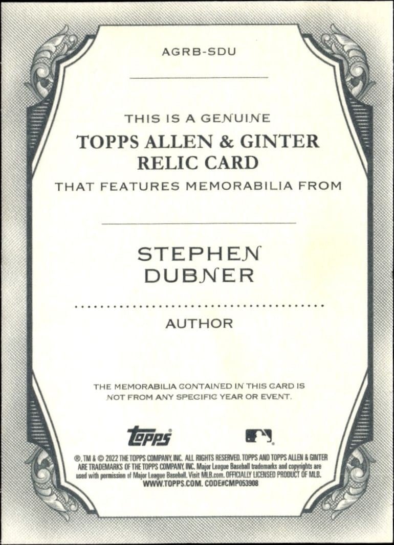 2022 Topps Allen & Ginter Stephen Dubner #AGRB-SDU baseball trading card back