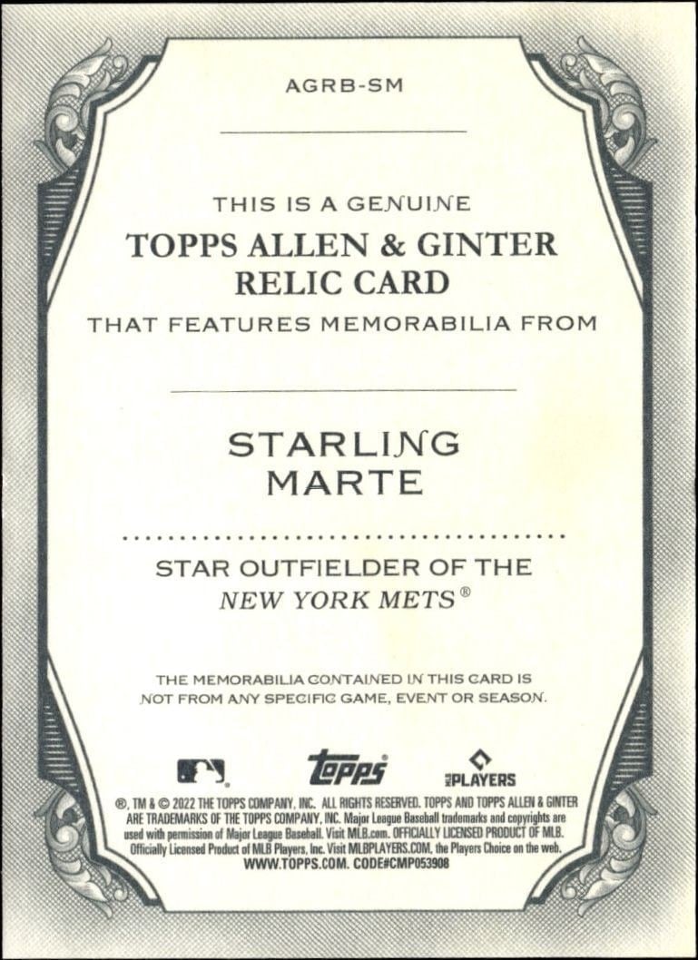 2022 Topps Allen & Ginter Starling Marte #AGRB-SM baseball trading card back