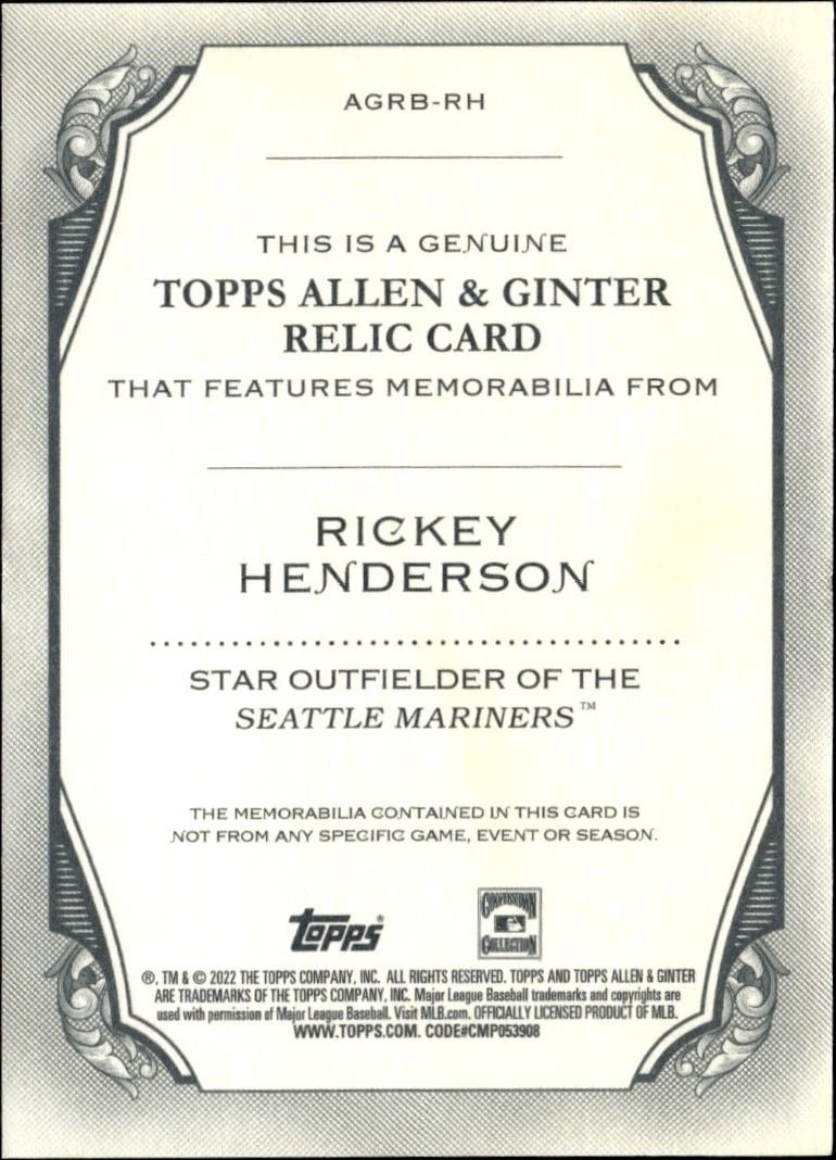 2022 Topps Allen & Ginter Rickey Henderson #AGRB-RH baseball trading card back