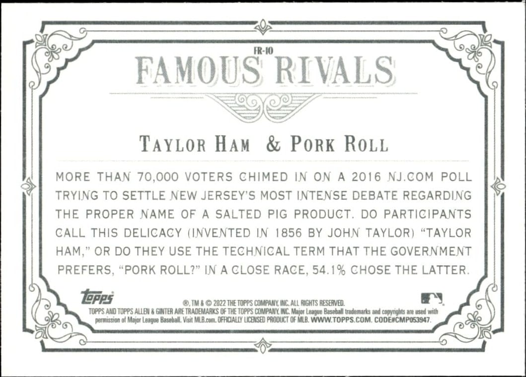 2022 Topps Allen & Ginter Pork Roll / Taylor Ham #FR-10 baseball trading card back