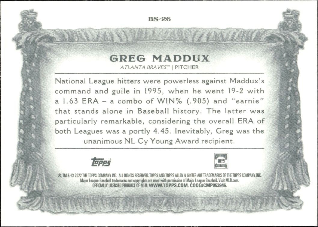 2022 Topps Allen & Ginter Greg Maddux #BS-26 baseball trading card back