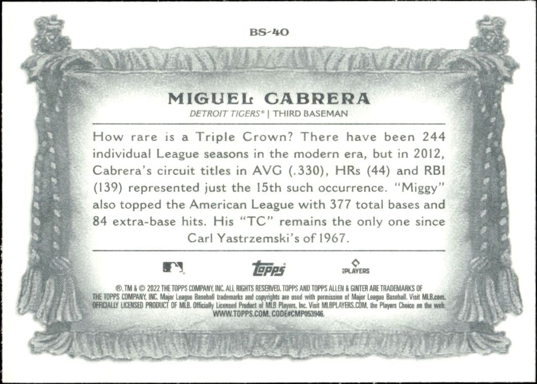 2022 Topps Allen & Ginter Miguel Cabrera #BS-40 baseball trading card back