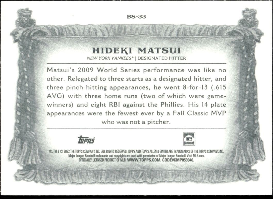 2022 Topps Allen & Ginter Hideki Matsui #BS-33 baseball trading card back