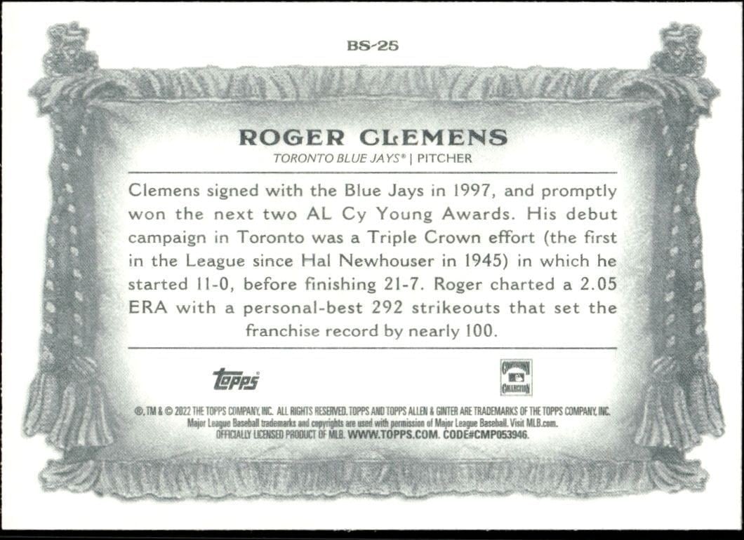 2022 Topps Allen & Ginter Roger Clemens #BS-25 baseball trading card back