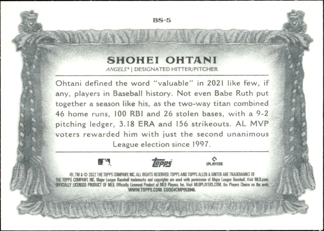 2022 Topps Allen & Ginter Shohei Ohtani #BS-5 baseball trading card back