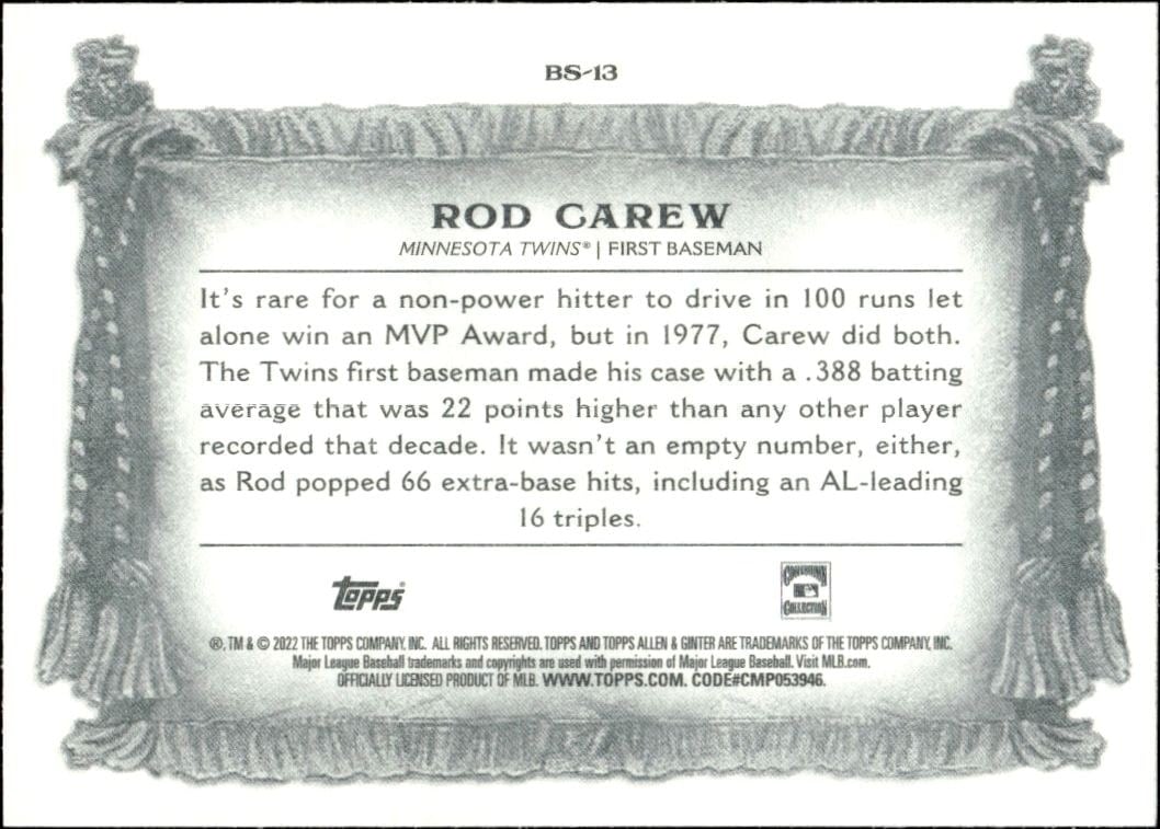 2022 Topps Allen & Ginter Rod Carew #BS-13 baseball trading card back
