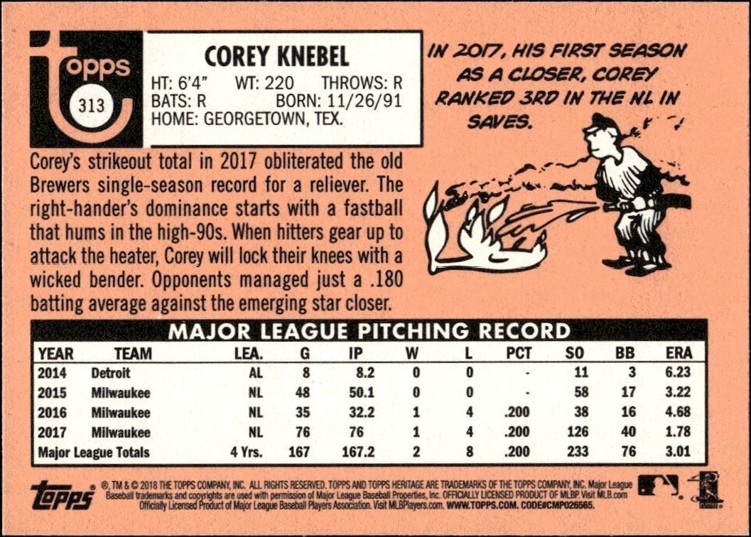 2018 Topps Heritage Corey Knebel #313 baseball trading card back