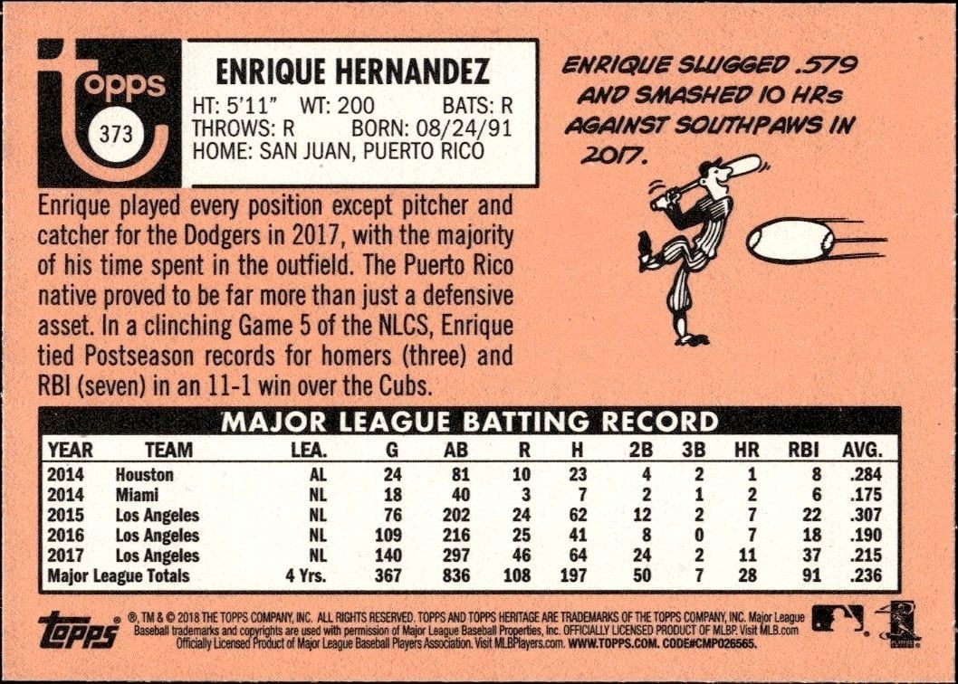 2018 Topps Heritage Enrique Hernandez #373 baseball trading card back