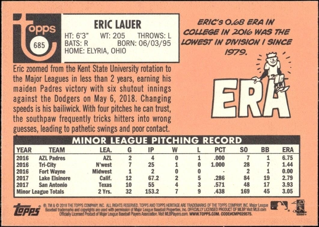 2018 Topps Heritage High Number Eric Lauer #685 baseball trading card back