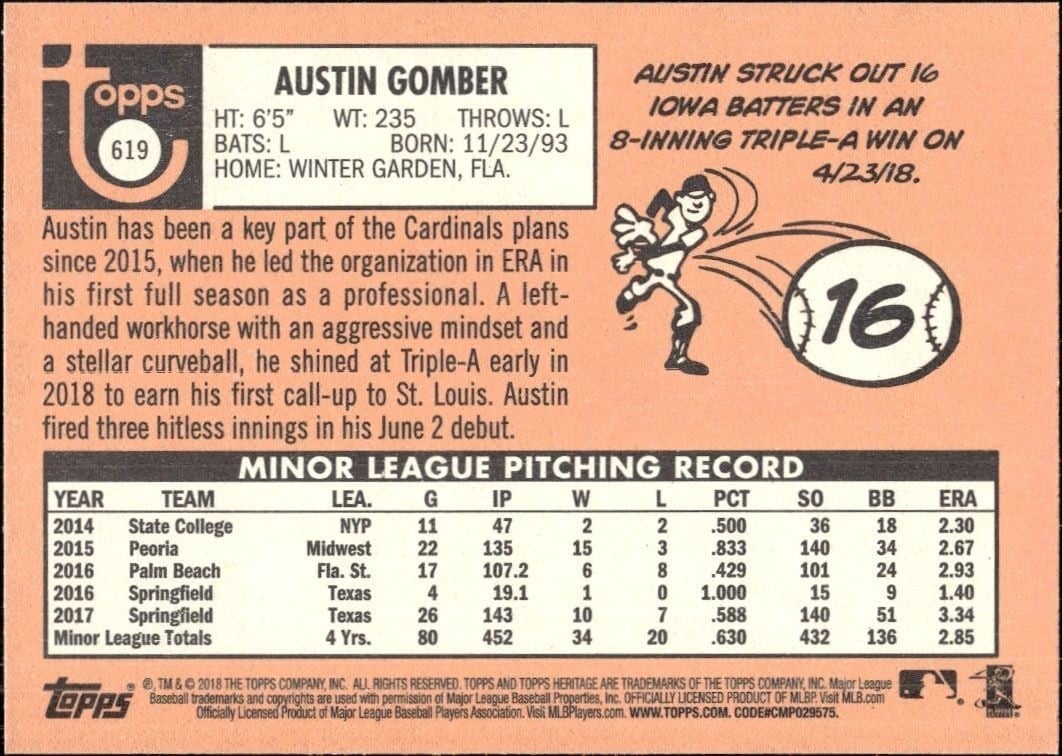 2018 Topps Heritage High Number Austin Gomber #619 baseball trading card back