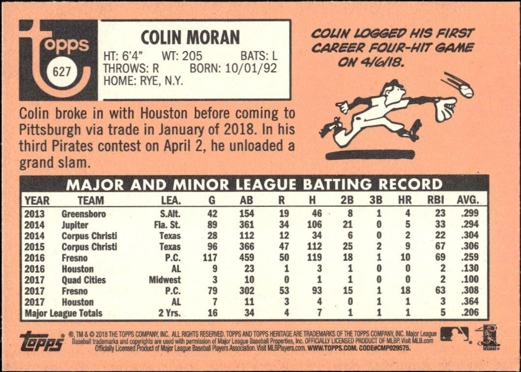 2018 Topps Heritage High Number Colin Moran #627 baseball trading card back