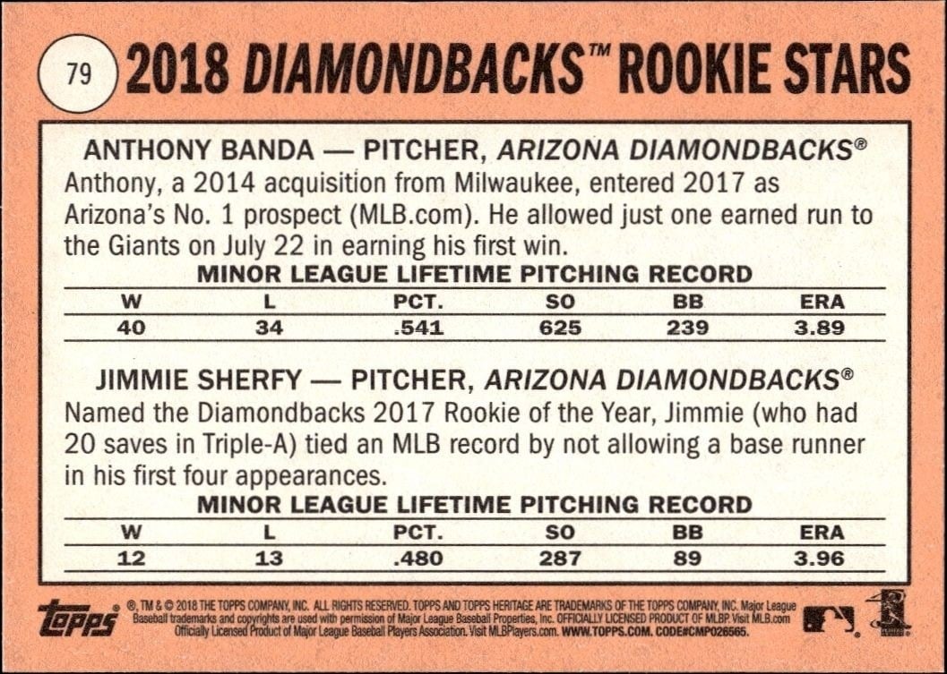 2018 Topps Heritage Anthony Banda, Jimmie Sherfy #79 baseball trading card back