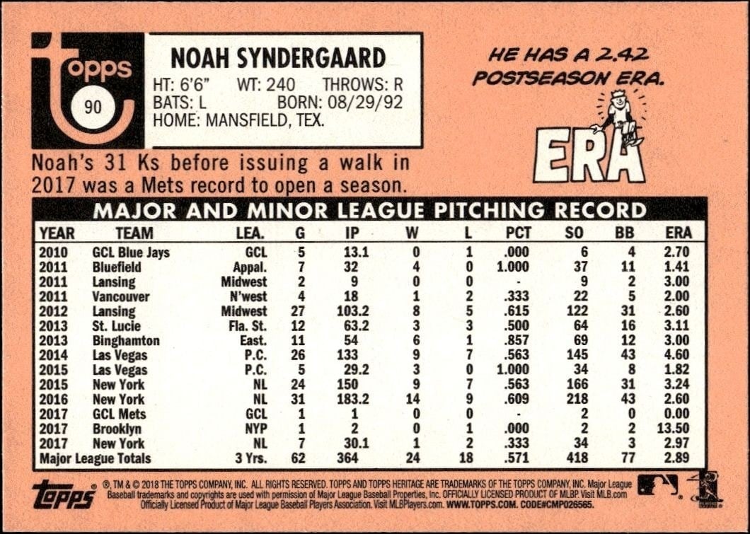 2018 Topps Heritage Noah Syndergaard #90 baseball trading card back