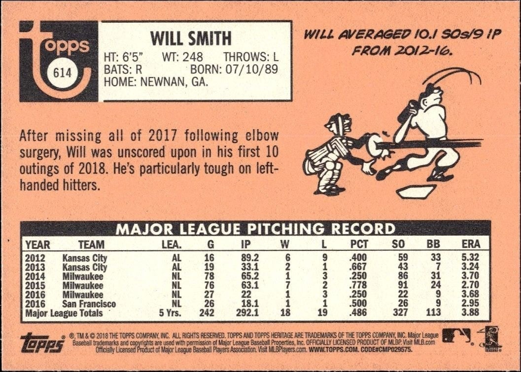 2018 Topps Heritage High Number Will Smith #614 baseball trading card back