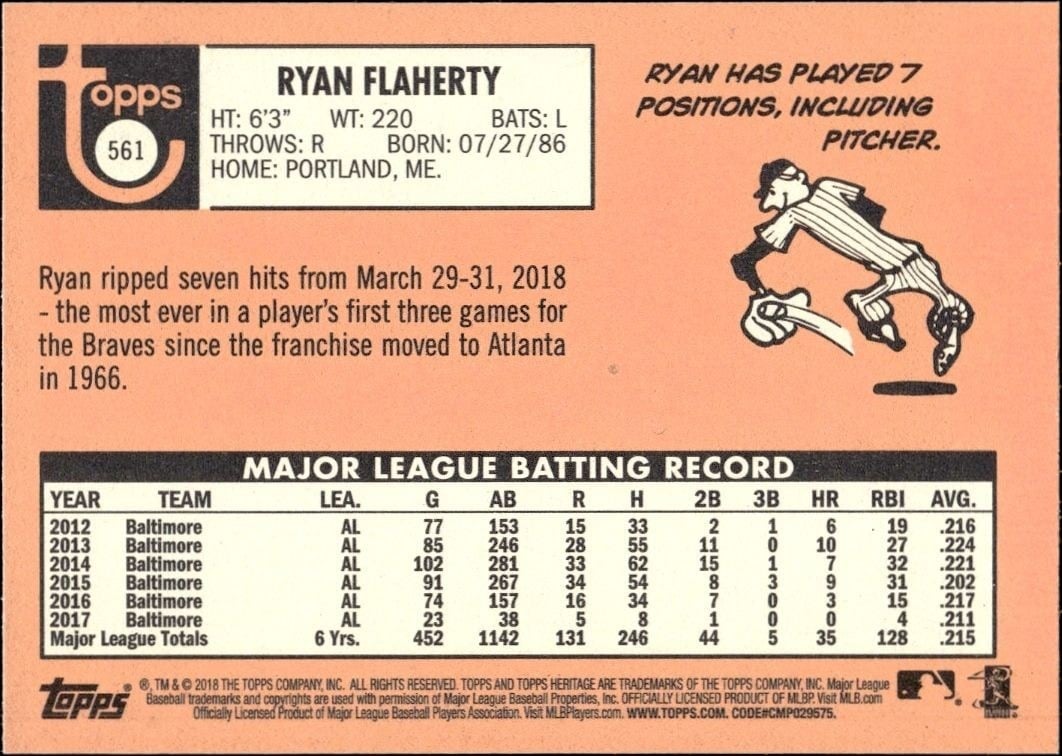 2018 Topps Heritage High Number Ryan Flaherty #561 baseball trading card back