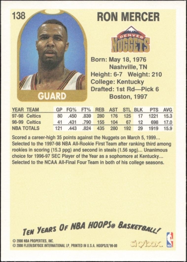 1999-00 Skybox NBA Hoops Decade Ron Mercer #138 basketball trading card back