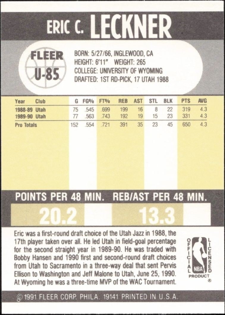 1990-91 Fleer Update Eric Leckner #U-85 basketball trading card back