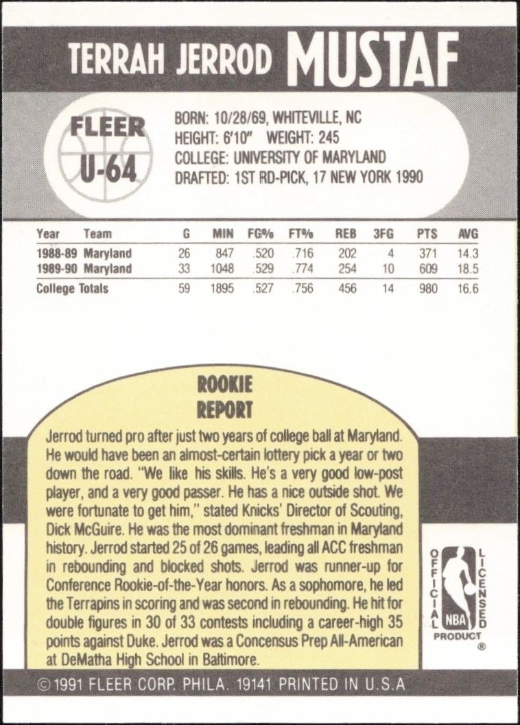 1990-91 Fleer Update Jerrod Mustaf #U-64 basketball trading card back