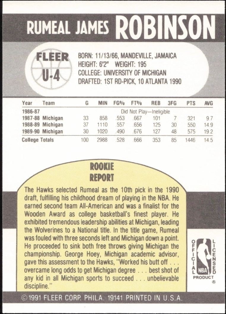 1990-91 Fleer Update Rumeal Robinson #U-4 basketball trading card back