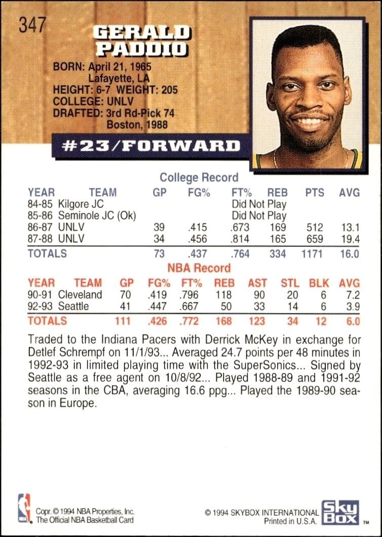 1993-94 Skybox NBA Hoops Series 2 Gerald Paddio #347 basketball trading card back