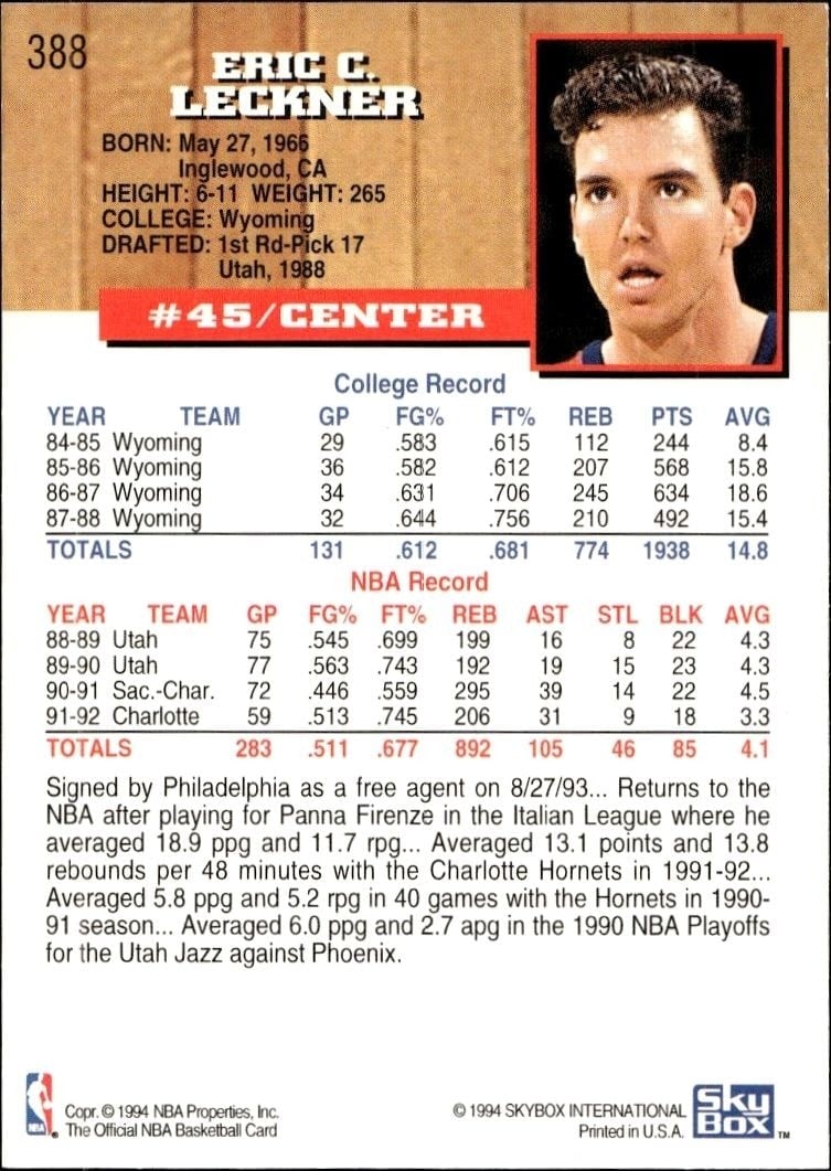 1993-94 Skybox NBA Hoops Series 2 Eric Leckner #388 basketball trading card back