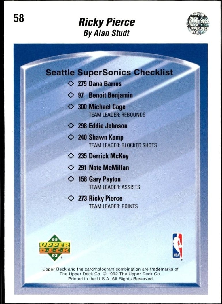 1992-93 Upper Deck Ricky Pierce #58 basketball trading card back