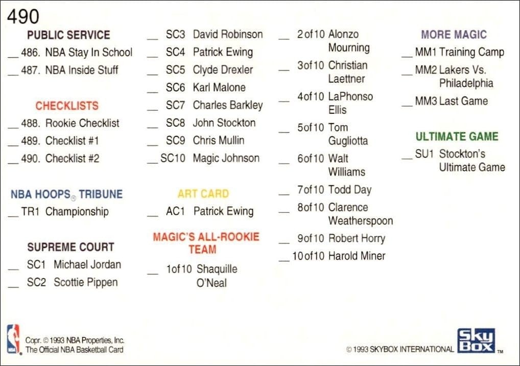1992-93 Skybox NBA Hoops Series 2 Checklist #490 basketball trading card back