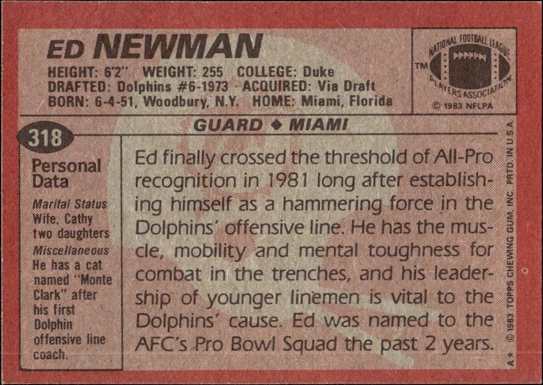 1983 Topps Ed Newman #318 football trading card back