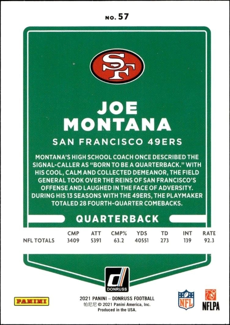2021 Panini Donruss Joe Montana #57 football trading card back