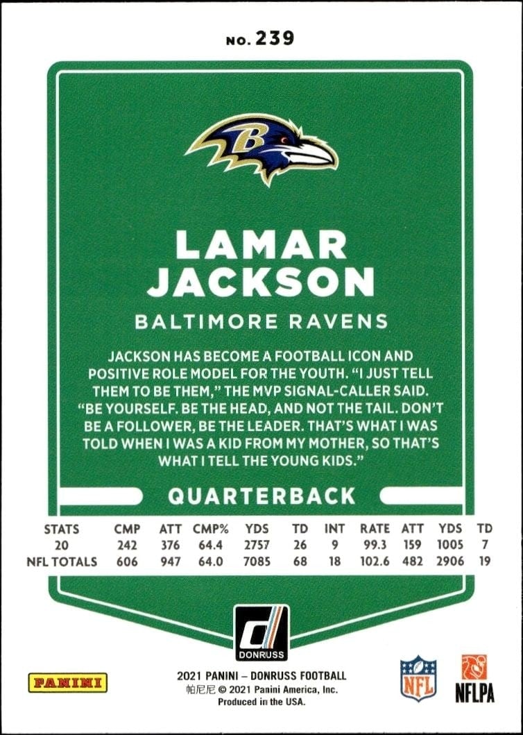 2021 Panini Donruss Lamar Jackson #239 football trading card back