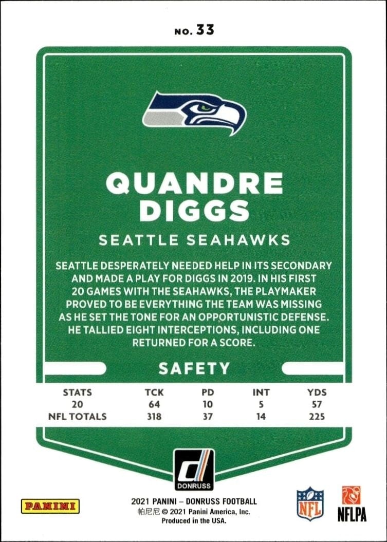 2021 Donruss Blue Quandre Diggs #33 football trading card back