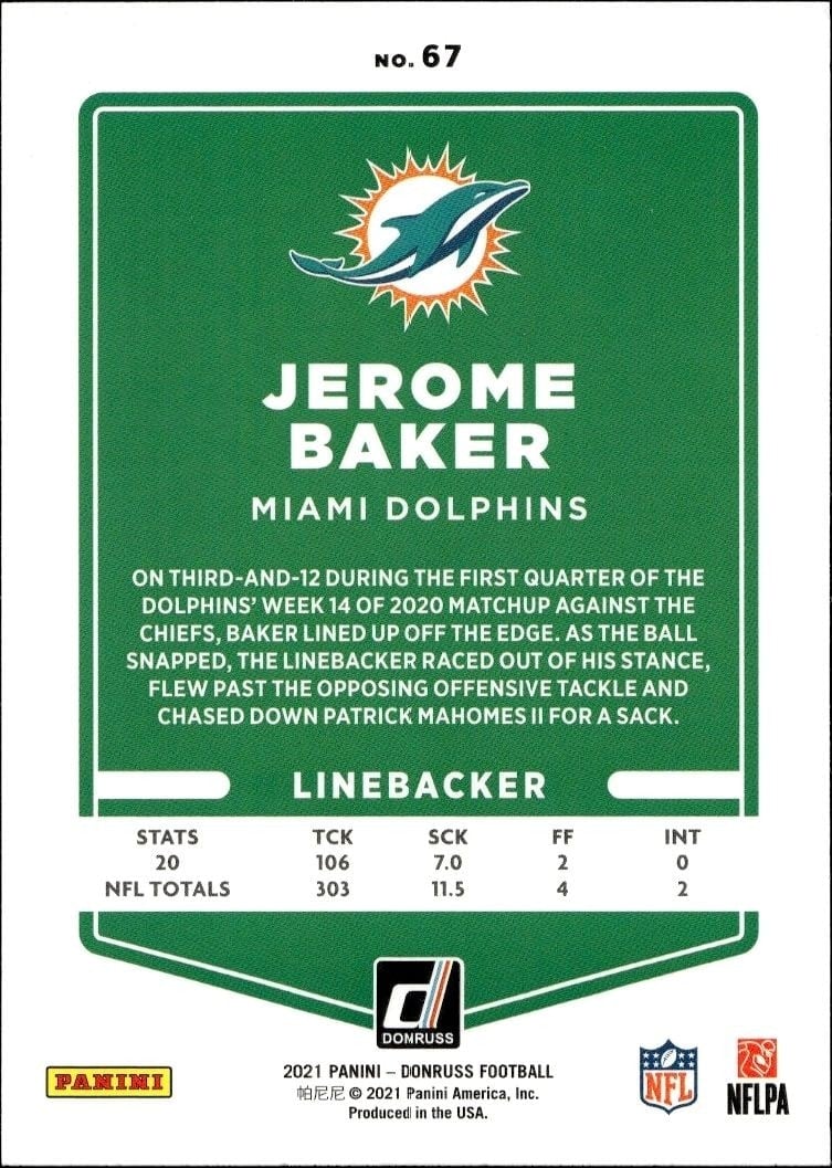 2021 Donruss Blue Jerome Baker #67 football trading card back
