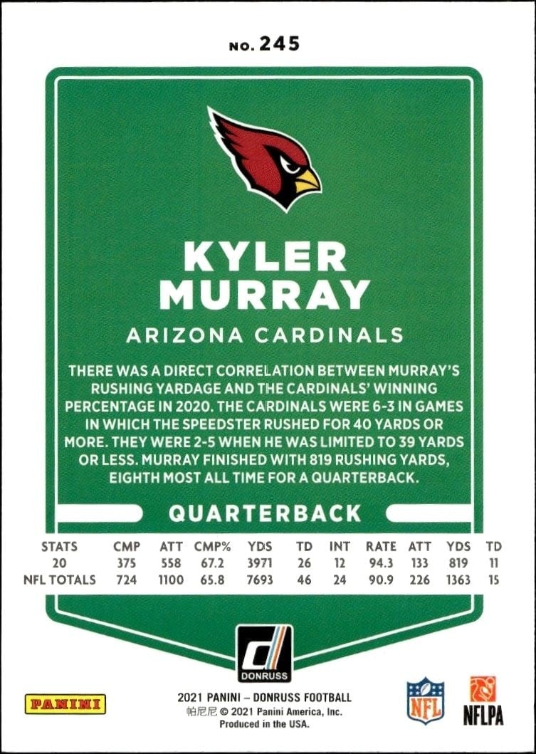 2021 Donruss Blue Kyler Murray #245 football trading card back