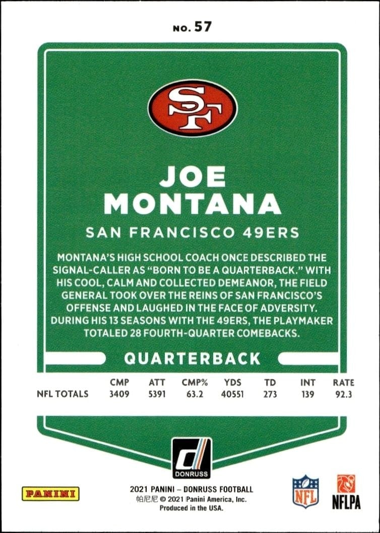 2021 Donruss Blue Joe Montana #57 football trading card back