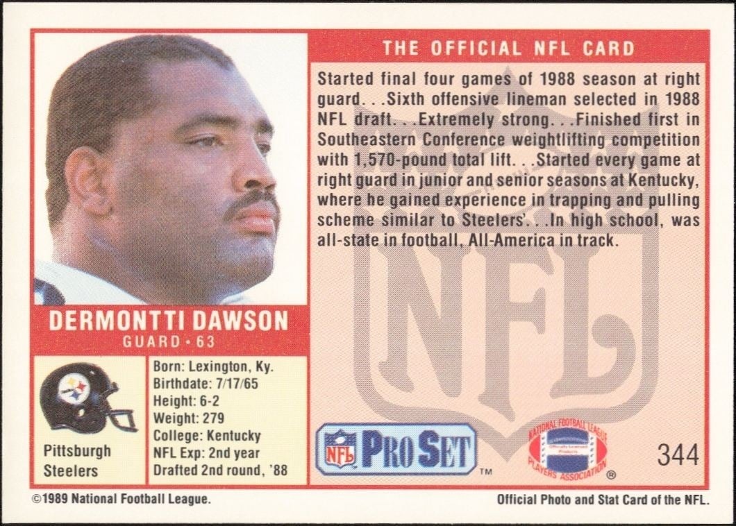 1989 Pro Set Dermontti Dawson #344 football trading card back