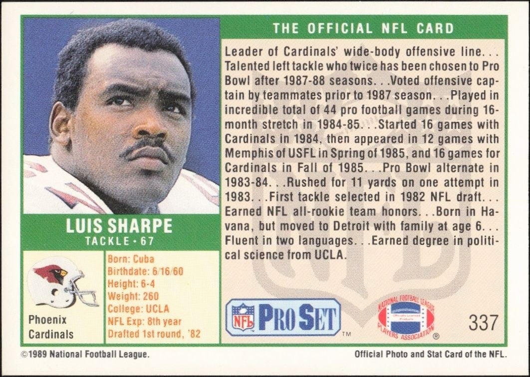 1989 Pro Set Luis Sharpe #337 football trading card back