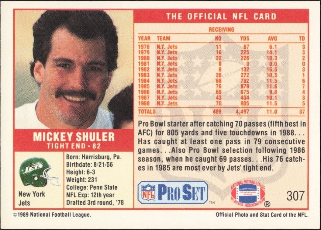1989 Pro Set Mickey Shuler #307 football trading card back