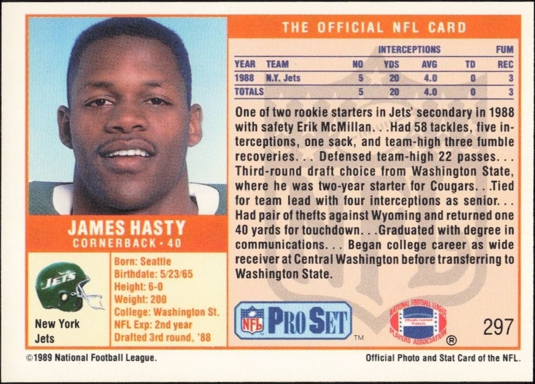 1989 Pro Set James Hasty #297 football trading card back