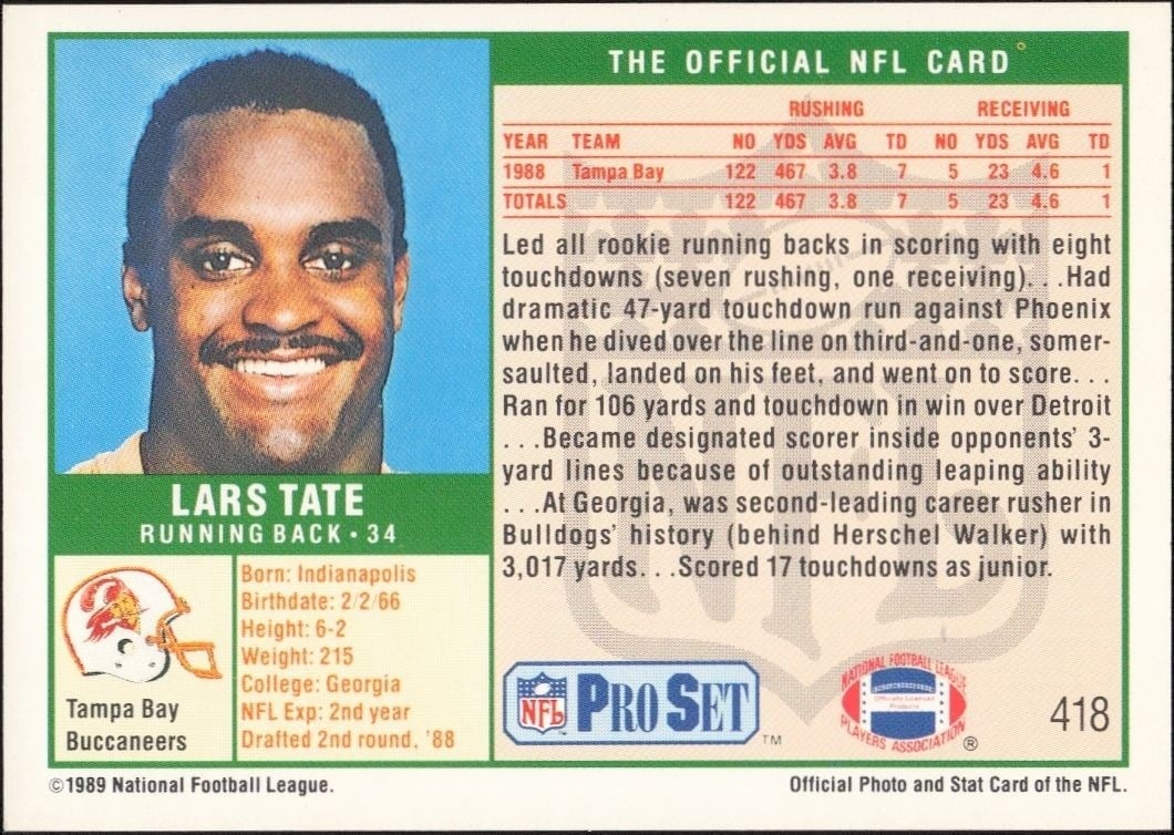 1989 Pro Set Lars Tate #418 football trading card back