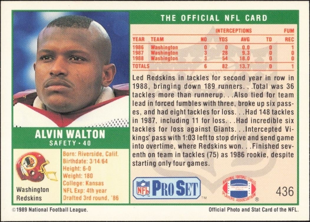 1989 Pro Set Alvin Walton #436 football trading card back