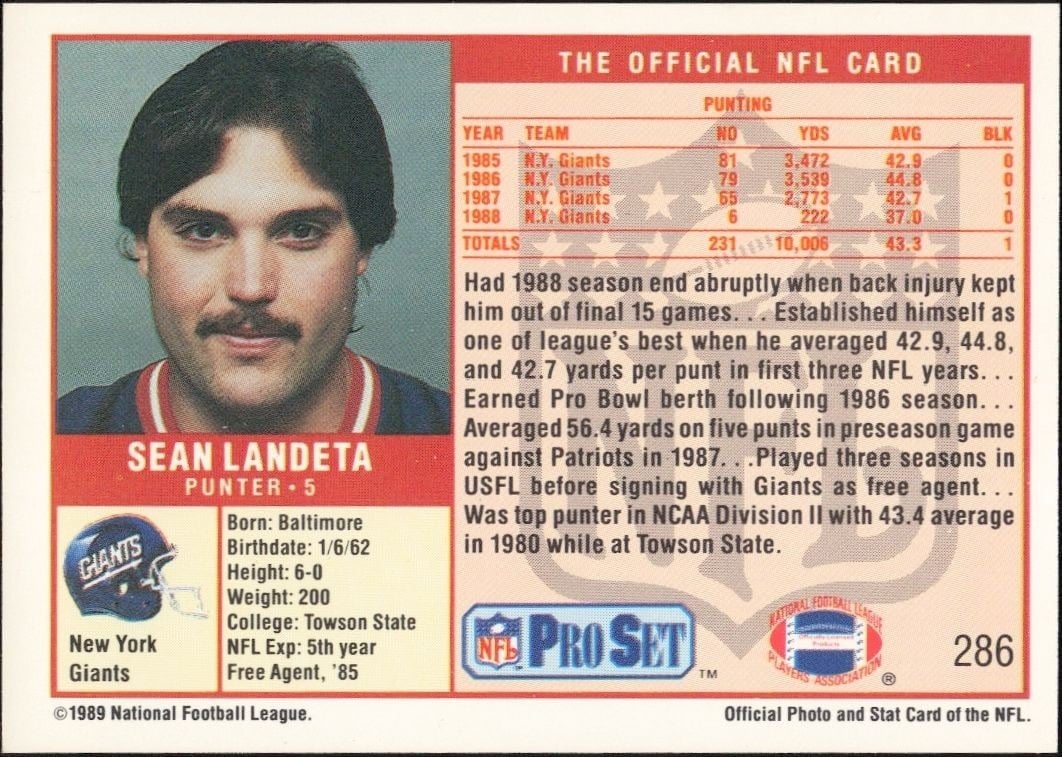 1989 Pro Set Sean Landeta #286 football trading card back